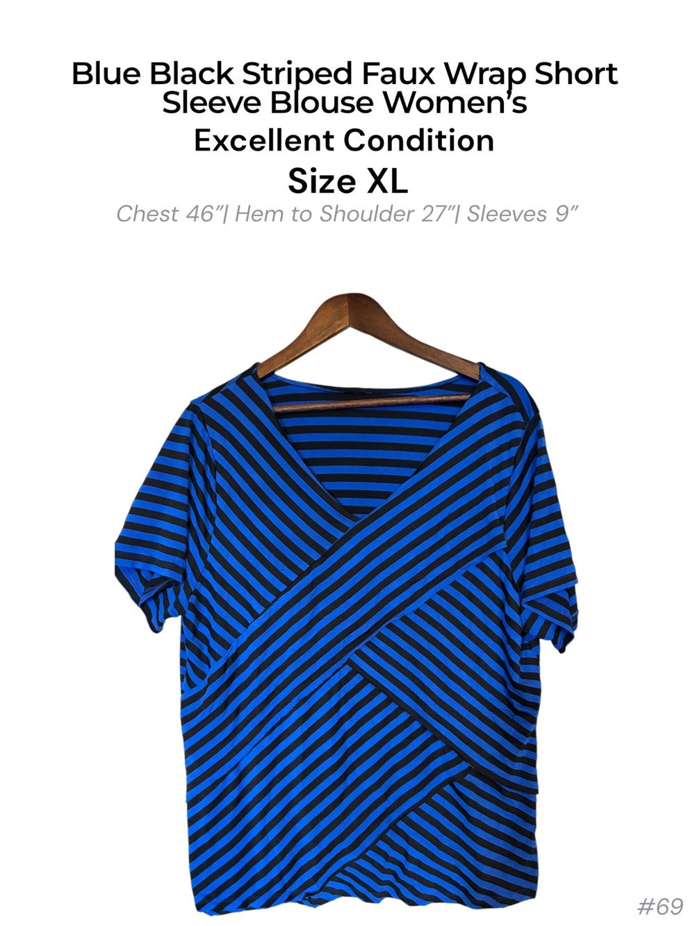 Blue Black Striped Faux Wrap Short Sleeve Blouse Women’s XL